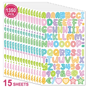 Detail view of 15 sheets of colorful cartoon alphabet and number stickers with 1350 pieces