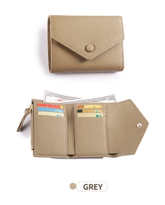 Litchi texture leather trifold wallet with multiple card slots and zipper pocket