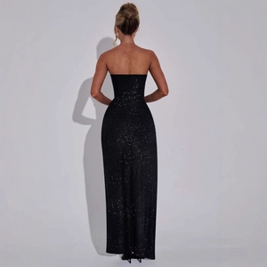 Robe longue bustier noire à paillettes élégante avec vue arrière scintillante pour femme