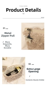 Detail of plush checkerboard makeup bag featuring a gold star zipper and wide opening