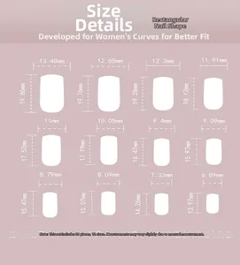 Tableau des tailles pour faux ongles rectangulaires bleus avec 12 tailles et 24 pièces