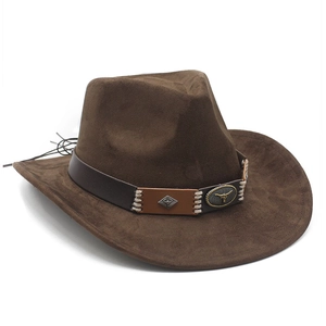 Ethnic dark brown suede western cowboy hat with metal bull head emblem and leather band