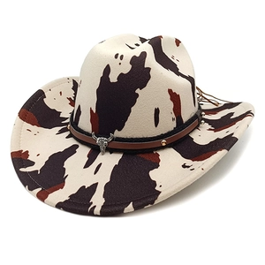 Western Cowboy Hat Vintage Cow Leopard Print Wide Brim Felt Sun Protection With Bull Skull Pendant For Outdoor Party