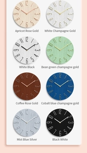 Detailed grid of 12-inch minimalist wall clocks in various modern colors and wood textures
