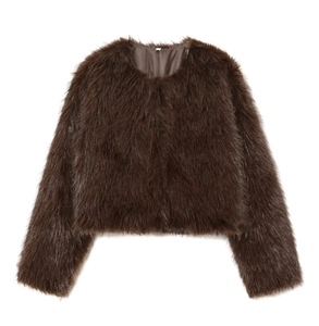 Detail of premium brown faux fur jacket showing long plush texture and round neckline