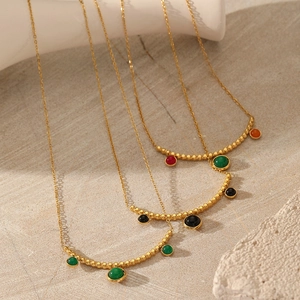 Collana Minimalista in Acciaio Inossidabile 304 Placcato Oro Con Pendente a Disco Tondo in Pietra Naturale Catena a Sfere Donna