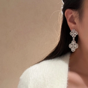 Elegant S925 silver long drop earrings with double hollow clover and zircon stones