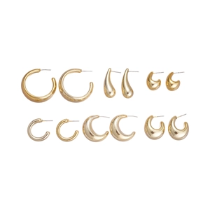 Set of 6 pairs minimalist golden geometric C-shaped and waterdrop earrings for women