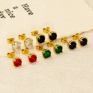 18K Gold Plated Stainless Steel Stud Earrings Round Zircon Classic Prong Setting Elegant Minimalist Jewelry For Women