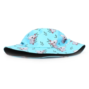 Detail view of light blue bucket hat featuring cute koala and eucalyptus leaf prints