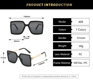 Spécifications de taille pour lunettes de soleil carrées avec largeur de cadre 144mm