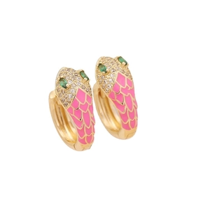 Golden snake stud earrings with pink enamel scales and green zircon eyes on white background