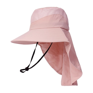 Pale pink sun hat with wide brim, breathable mesh panels and long neck protection flap