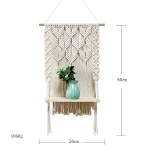 Detailed size chart showing 80cm height and 50cm width for handmade cotton rope wall shelf