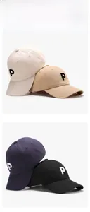 Detailed close-up of embroidered P letter logo on high-quality cotton outdoor baseball caps