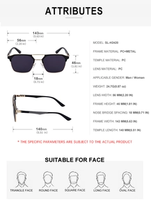 Detailed size chart for SL-H2420 cat eye sunglasses with frame and lens measurements