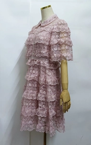 Detail of pink layered lace cake dress with intricate ruffle embroidery on mannequin