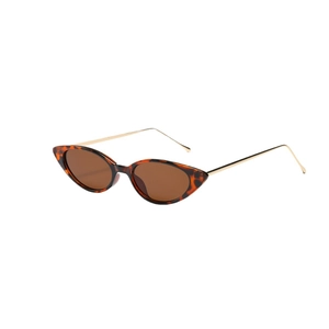 Chic tortoiseshell cat-eye sunglasses with thin gold metal temples on white background