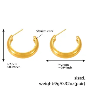Detailed specs of gold plated C-shaped stainless steel earrings measuring 2.0x2.4cm