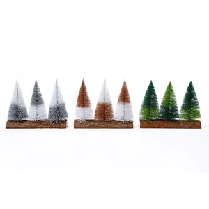 Miniature glitter pine trees in gray, brown, and green with natural wood bases