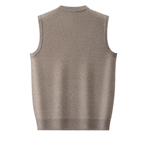 Detailed back view of men's knitted vest with ribbed hem in earthy brown tones