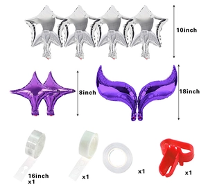 Detailed view of balloon arch kit including silver stars, purple balloons and assembly tools