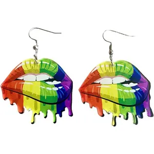 Detailed macro of acrylic rainbow lip earrings with artistic 5.4cm drip effect