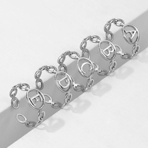 Adjustable silver stainless steel open rings set featuring letters A to E chain design