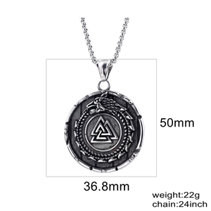 Detailed dimensions of silver Viking Valknut pendant with 24 inch necklace chain