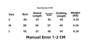 Detailed size chart for short sleeve top featuring bust, shoulder and length measurements