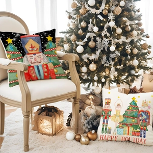 Christmas Nutcracker linen pillow covers on a cozy chair with holiday decorations