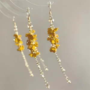 Bohemian style yellow resin flower tassel earrings with silver needle and gold chain