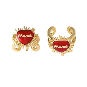 Golden heart-shaped Mama earrings with red enamel and sunray texture on white backdrop