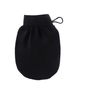 Exfoliating black scrub glove with textured fiber and elastic cuff for deep skin cleaning