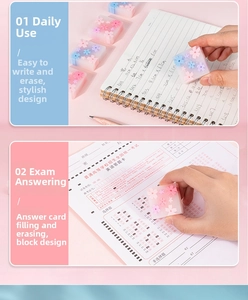 Détail de gommes fleurs de cerisier rose et bleu sur un carnet et une feuille d'examen