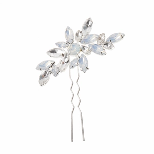 Elegant U-shaped hair pin with silver opal rhinestones and floral metal design