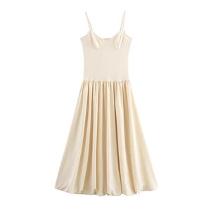 Elegant Spaghetti Strap Maxi Dress Polyester Slim Fit High Waist Bubble Hem Solid Color For Women