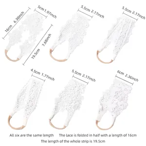 White lace flower headbands for baby girls 0-3 years with size guide measurements