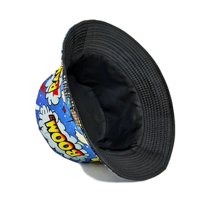 Double-sided bucket hat with classic black side and colorful pop art boom print