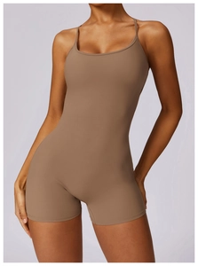 Close-up of slim-fit mocha brown bodysuit with thin straps and stretchy athletic fabric