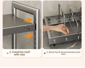 Detail of adjustable modular kitchen rack showing easy snap-on shelf installation steps