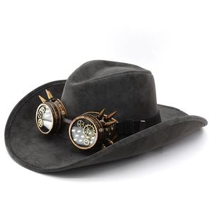 Steampunk western cowboy hat in dark grey suede with vintage industrial goggles
