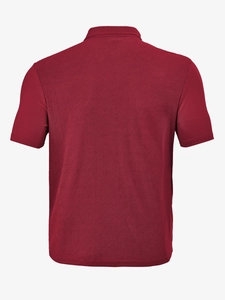 Detail view of the deep red jacquard knitted fabric on the back of the men's polo shirt