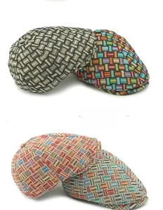 Detail of six-panel beret hats featuring vintage woven checkerboard patterns in various colors