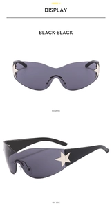 Macro view of Y2K pilot sunglasses with metal star detail and matte black frames