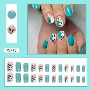 Short square lake blue and pink press-on nails with hand-painted leaf patterns