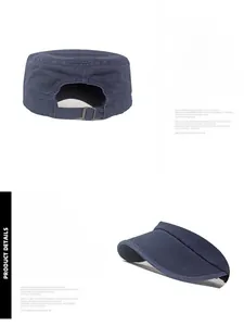 Detail of adjustable metal buckle and stitching on dark blue cotton military flat top cap