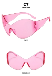 Detailed views of pink Y2K rimless butterfly sunglasses with a sleek one-piece lens design