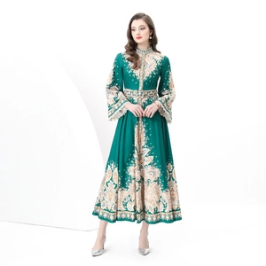 Vintage palace style floral long dress with stand collar and elegant lace sleeve detail