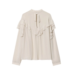 Women Chiffon Blouse Long Sleeve Layered Ruffle Tie Neck Apricot Pullover Top For Casual Party Elegant Sweet Lady Style